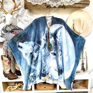 Rare WOLF fleece slouchy oversized boho cardi/kimono cover up w WILDLIFE vibe